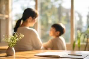 穏やかな光の中で向き合う親子。安心して自分に戻れる関係をイメージした写真