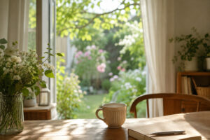 朝日が差し込むダイニングでお茶を楽しむ暮らしの風景